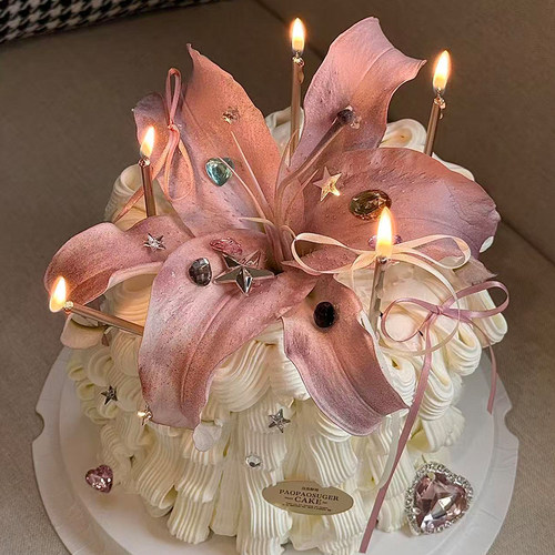 网红氛围感简约花朵蛋糕装饰蝴蝶结丝带七彩宝石钻石女神生日插件