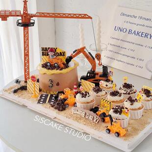 网红儿童工程车周岁生日蛋糕装 扮插件 饰摆件吊塔吊机挖掘机烘焙装