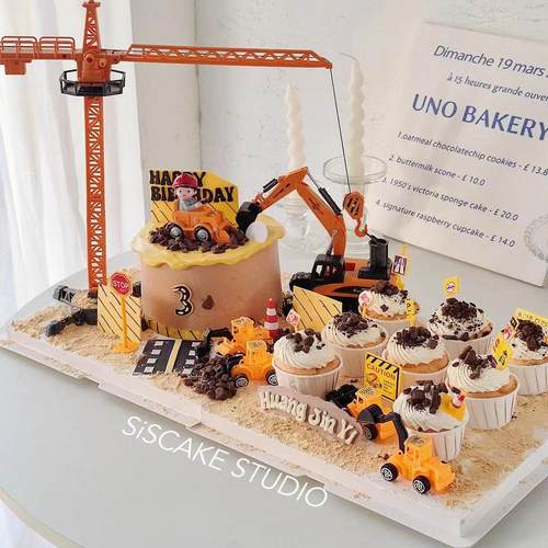 网红儿童工程车周岁生日蛋糕装饰摆件吊塔吊机挖掘机烘焙装扮插件