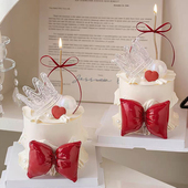 三八女王节生日红色大蝴蝶结蛋糕装 饰3.8女神节水晶皇冠装 扮摆件