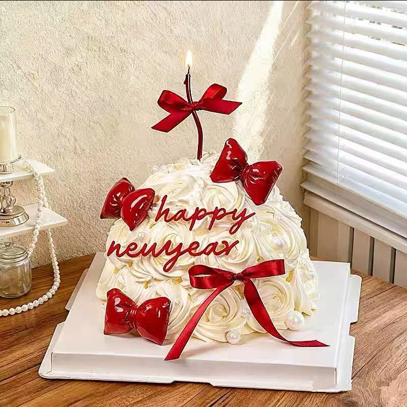 2026新年快乐亚克力跨年元旦蛋糕装饰立体红色蝴蝶结丝带装扮插件