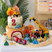 挖土机儿童男孩生日蛋糕装 饰山洞工程车轨道火车烘焙装 扮摆件插件