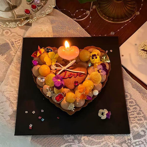 韩系ins氛围心挞壳蛋糕装饰摆件爱心love蜡烛镶钻宝石烘焙插件