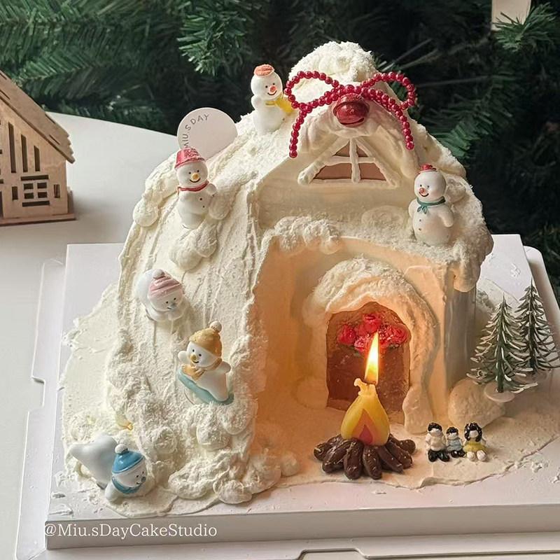 2025创意圣诞节滑雪场景雪景蛋糕装饰可爱雪人拐杖烘焙装扮摆件