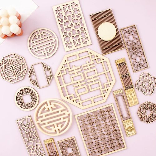 新中式木质喜屏风国风镂空仿古门窗格木雕门框烘焙蛋糕装饰插件