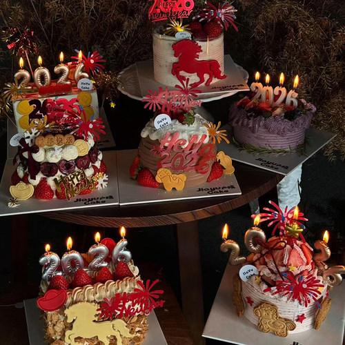 2026马年元旦跨年主题蛋糕装饰数字蜡烛新年快乐亚克力装扮插件