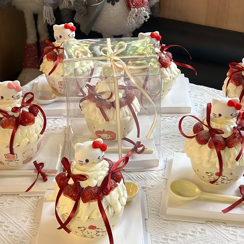 2026新年圣诞节草莓碗蝴蝶结KT猫蛋糕装饰摆件苹果小狗陶瓷碗装扮