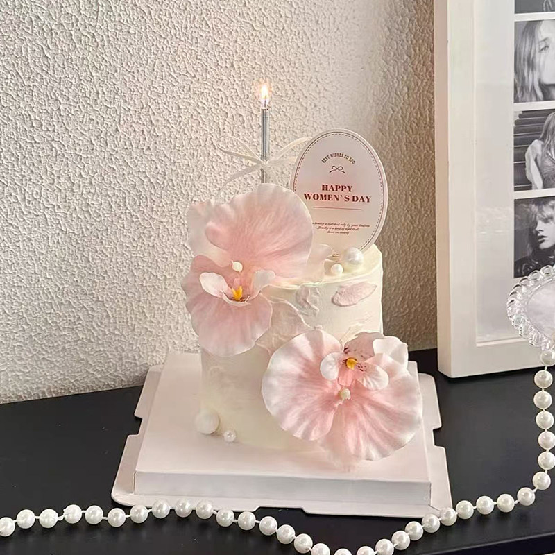 38女神节仿真蝴蝶兰花束蛋糕装饰椭圆女王节快乐卡片烘焙装扮插件