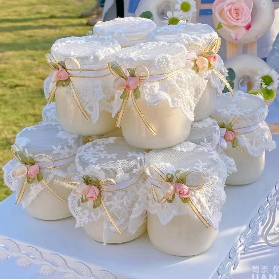 甜蜜订婚婚礼白系布丁蕾丝布甜品台酸奶布丁杯绑花装饰烘焙插件