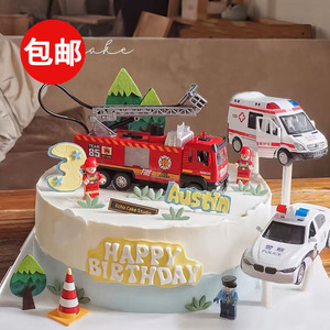 消防主题蛋糕装饰消防车救护车警察消防员儿童生日烘焙装扮摆件