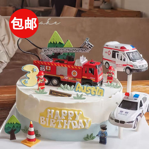 消防主题蛋糕装饰消防车救护车警察消防员儿童生日烘焙装扮摆件