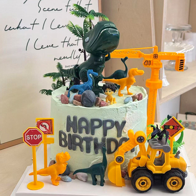 儿童男孩恐龙主题蛋糕装饰挖机工程车吊塔路障指示牌烘焙装扮摆件