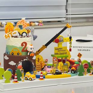 卡通电动轨道火车儿童生日蛋糕装饰工程队小汽车路障隧道装扮摆件