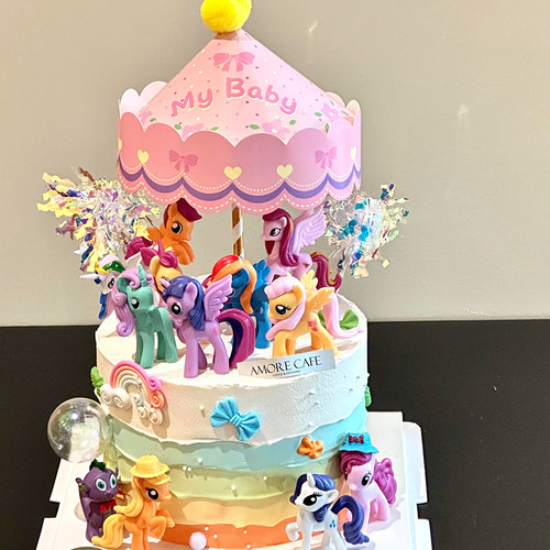 小红书同款旋转木马蛋糕装饰卡通可爱小马宝宝独角兽烘焙装扮摆件