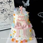 夏季 春游可爱翻糖小花蝴蝶结数字巧克力蛋糕装 饰幻彩蝴蝶烘焙插件