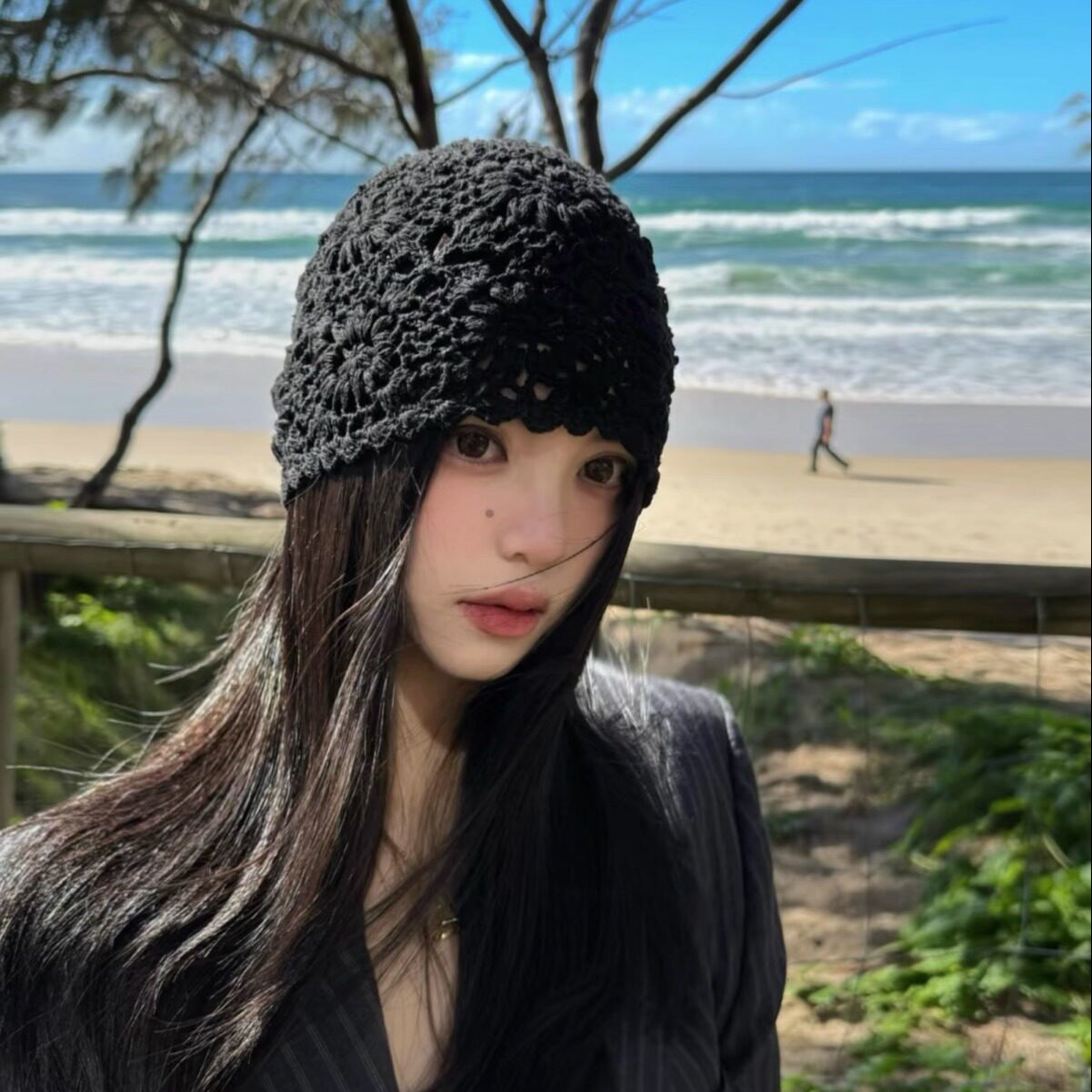 日系手工钩花包头帽女堆堆帽子镂空透气毛线帽文艺复古套头针织帽