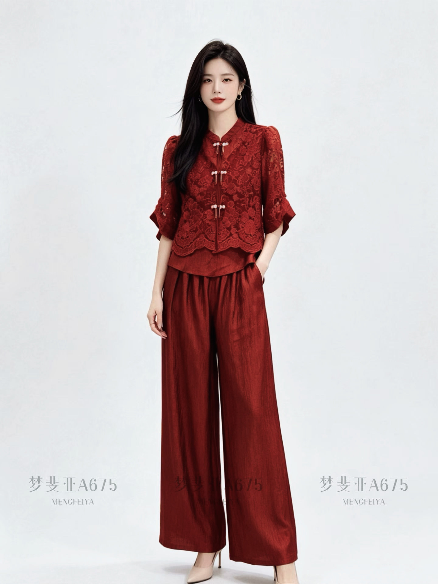 2026夏季新款时尚中年妈妈装绣花蕾丝雪纺上衣加阔腿九分裤两件套