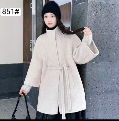 2025秋冬新款双面羊毛中长款大衣女宽松系带立领小个子毛呢外套