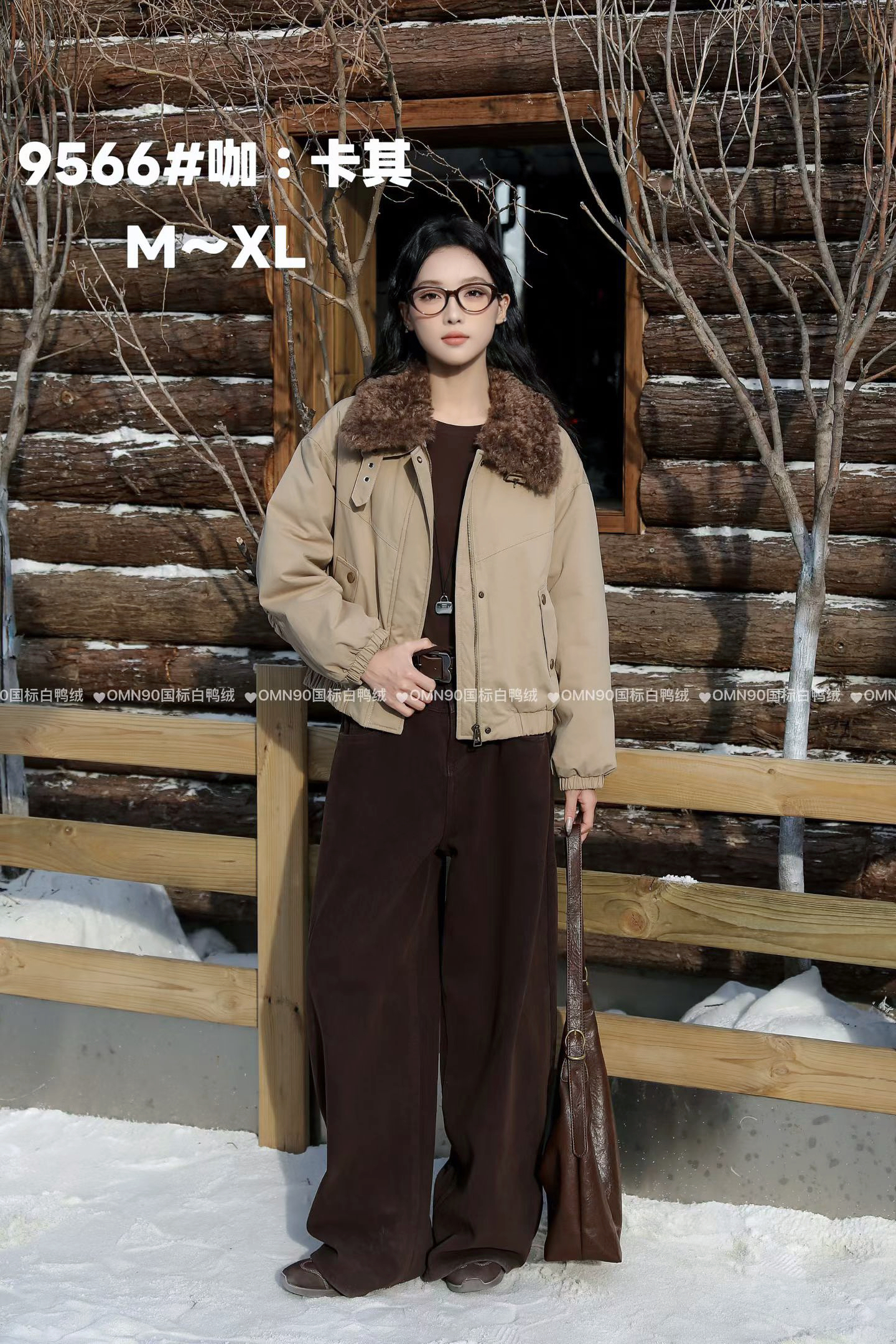 卡其色90绒白鸭绒羽绒服女2025冬季时尚百搭羊羔毛领休闲棉衣外套