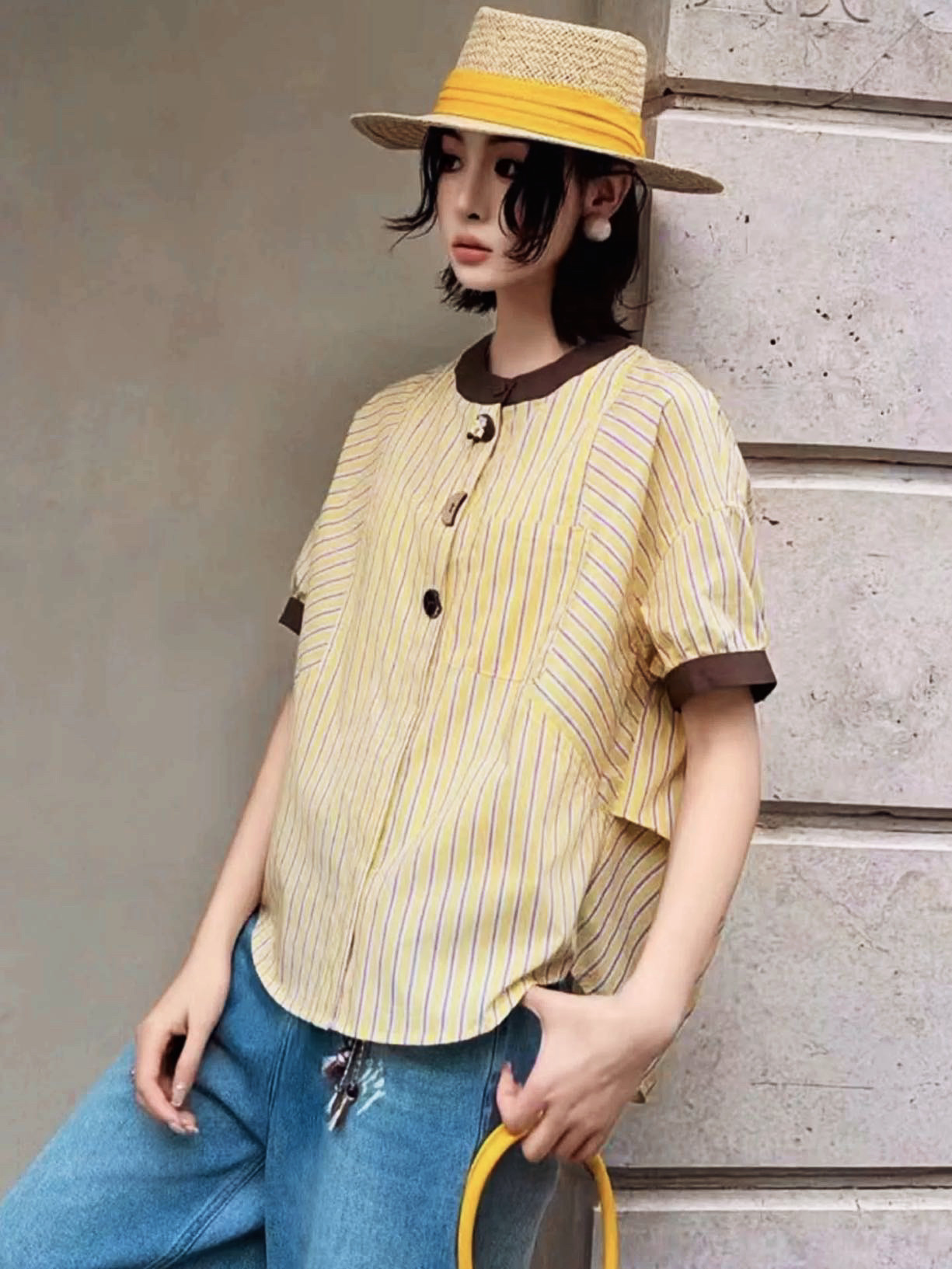 时尚撞色纯棉条纹短袖衬衫女夏季薄款休闲衬衣显瘦百搭圆领上衣