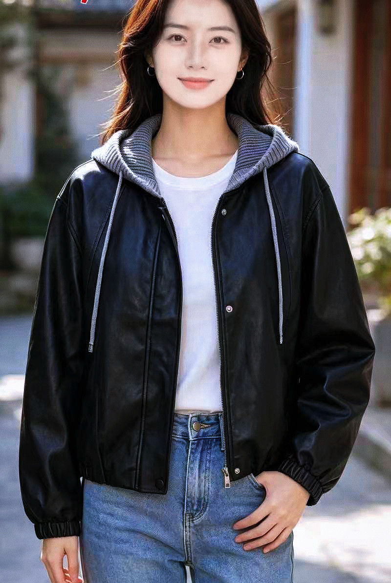 假两件连帽皮衣外套女2026春秋新款时尚百搭小个子短款机车夹克衫
