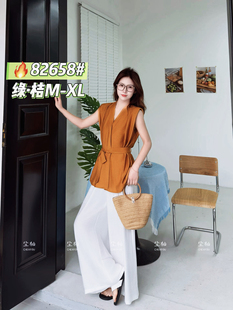 韩版V领无袖通勤风衬衫女2026夏季收腰系带复古时尚感姜黄色上衣