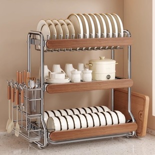 中古风厨房碗架不锈钢三层沥水架台面餐具收纳置物架多功能碗盘架