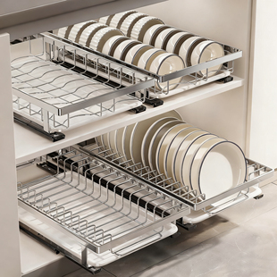 厨房抽屉式碗碟收纳架橱柜内置放碗盘置物架抽拉篮沥水碗架