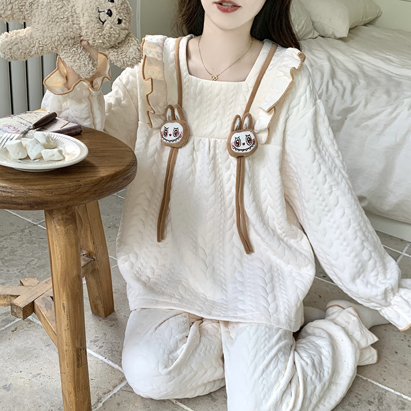 2025新款夹层棉秋冬季女士甜美睡衣加厚长袖长裤女性感家居服套装