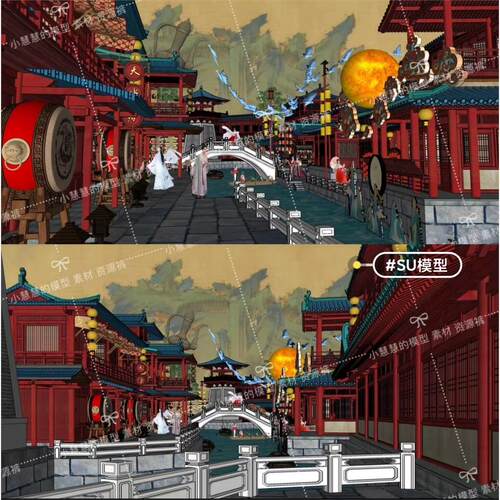 古风 国潮灯会市集 滨水驿站小镇 场景模型 草图大师 SU模
