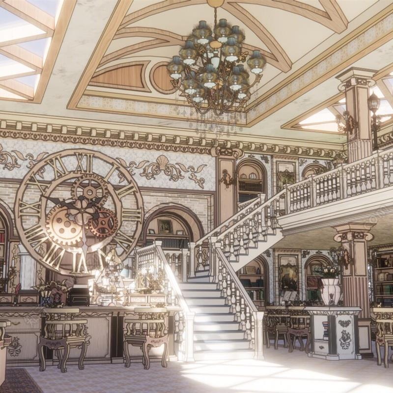 acon 3D 古典欧式图书馆内部 中世纪阅览室复古书籍书架