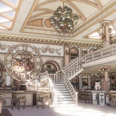 acon 3D 古典欧式图书馆内部 中世纪阅览室复古书籍书架