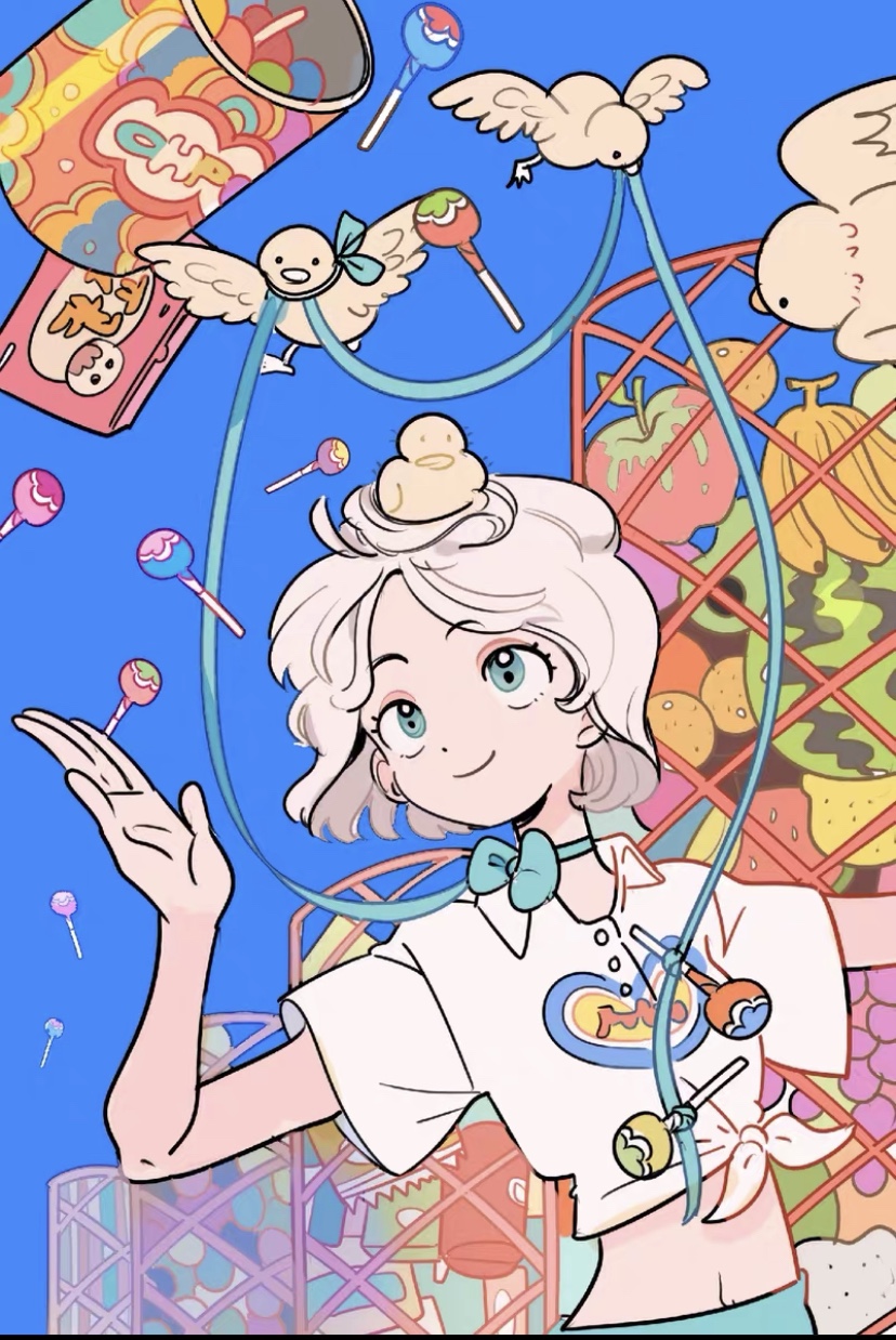 9107平涂卡通活泼q版人物角色头像插画背景壁纸美术图片素材