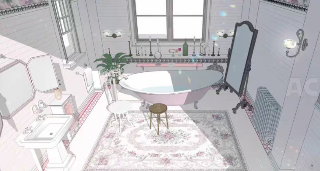 【acon3d】感性粉色浴室绘画辅助参考 草图大师模型 su模型