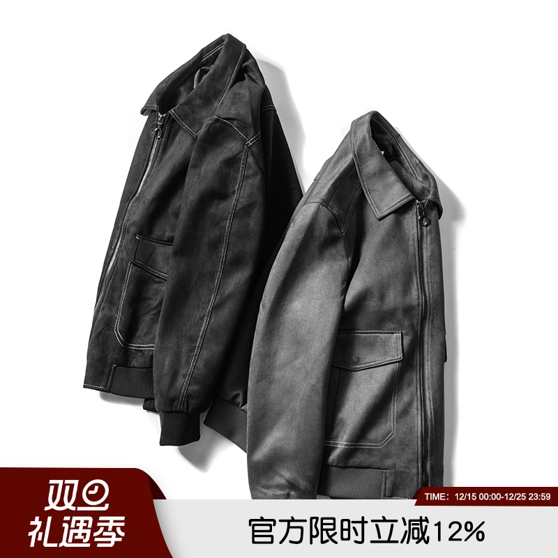 麂皮绒高端面料！2024秋冬男士细腻柔软简约百搭弹力翻领夹克外套