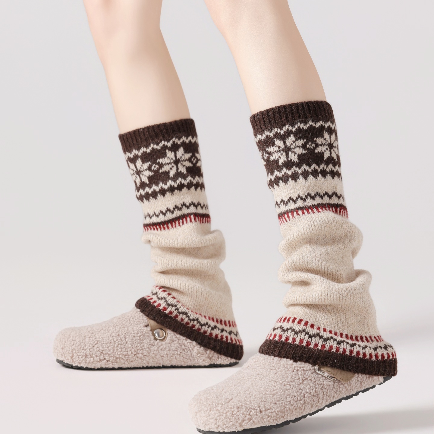 费尔岛羊毛袜套女咖色复古堆堆袜