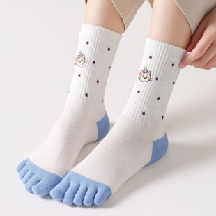 五指袜女中筒袜可爱卡通纯棉薄款 百搭长袜 网眼透气分趾袜春秋款
