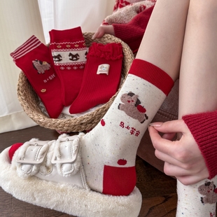 2026年马年本命年大红袜女中筒袜纯棉无骨可爱卡通结婚新年鸿运袜