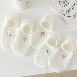 白色船袜子女夏季 浅口隐形防滑不掉根可爱刺绣ins潮低帮短袜 薄款