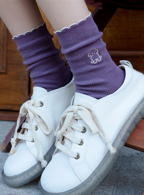 袜子女中筒袜秋冬季韩国ins潮可爱日系卡通木耳边花边紫色堆堆袜