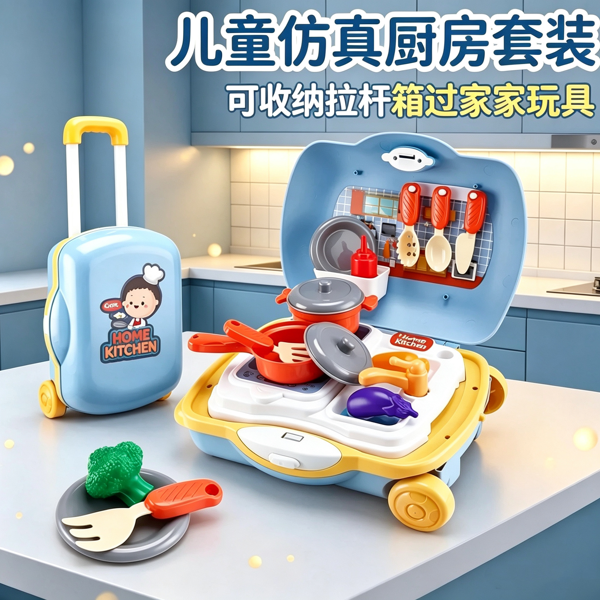 儿童过家家拉杆箱厨房玩具仿真做饭厨具套装宝宝行李箱收纳手提箱
