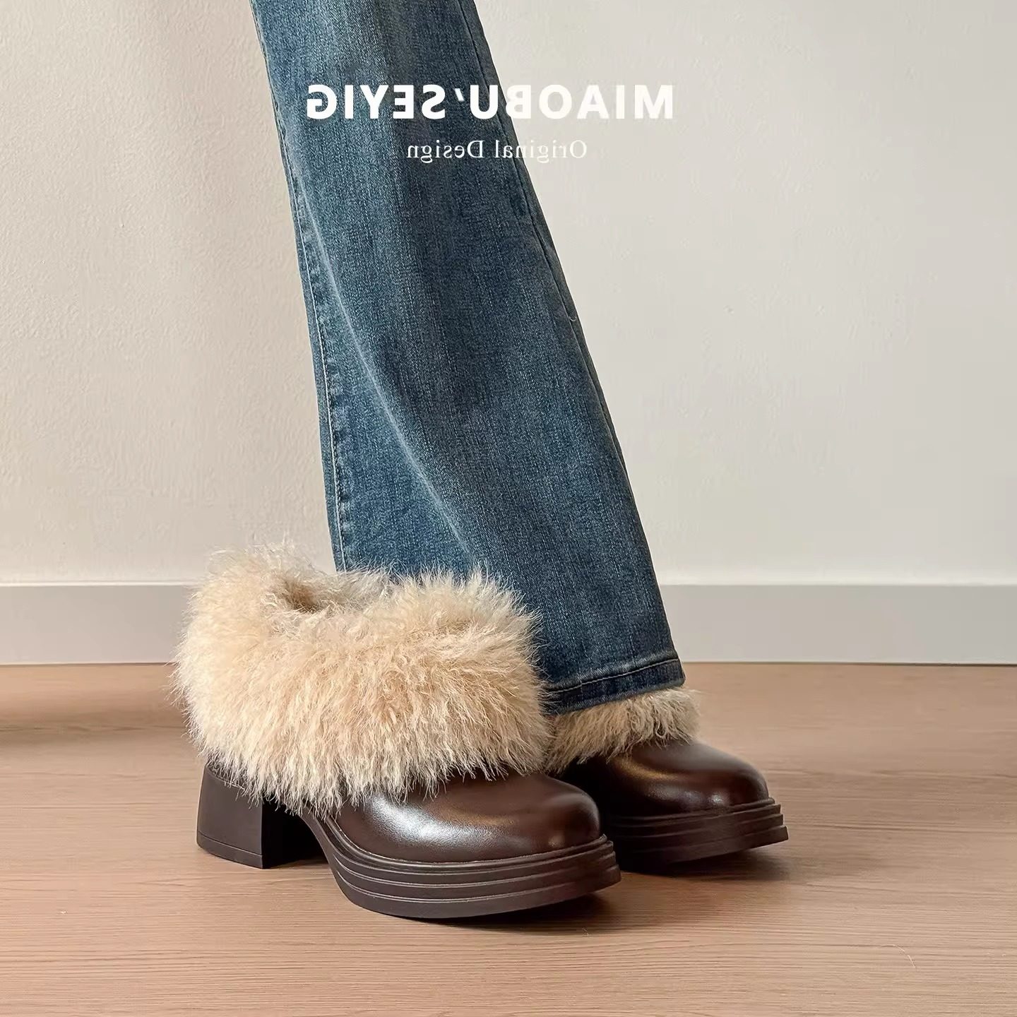 羊皮~毛毛鞋女高跟鞋厚底乐福鞋加绒保暖棉靴小皮鞋冬季雪地靴女,女鞋,时尚雪地靴,淘宝优惠券,粉丝福利购,淘宝优惠卷