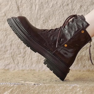 巨好穿2025秋冬新款 小羊皮厚底系带英伦风马丁靴女棕色加绒短靴子