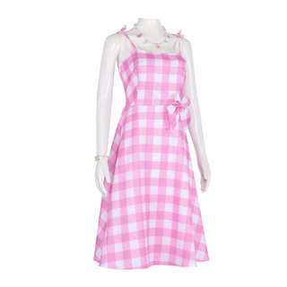 电影Barbie芭比cos服女装粉色格子肩带长裙子cosplay服夏季休闲裙