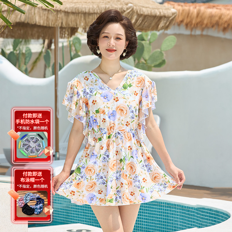 泳衣女连体裙式保守遮肚显瘦2025新款宽松大码中老年妈妈温泉泳装