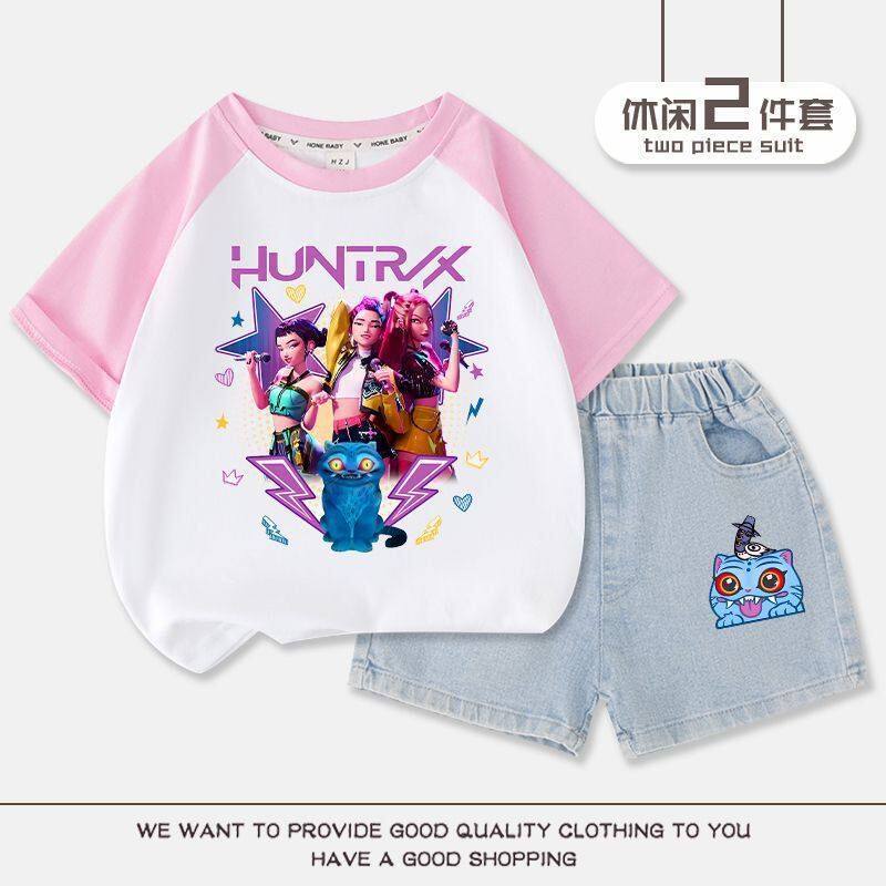 纯棉Kpop 猎魔女团女童短袖短裤休闲套装夏季款中大童洋气牛仔