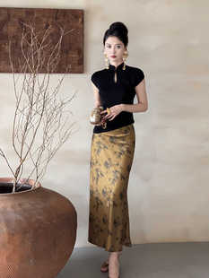 搭配一整套 印花包臀半身裙套装 新中式 上衣 国风盘扣针织飞袖 夏装