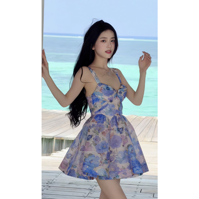 夏季碎花油画吊带连衣裙抹胸晕染