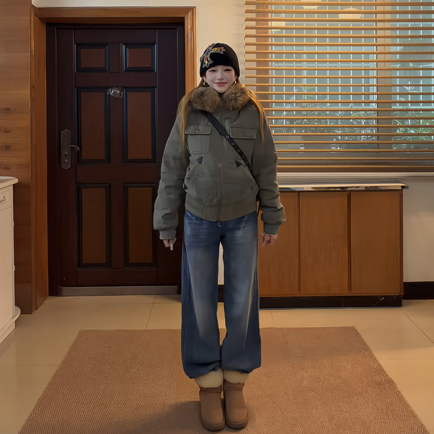 已出货！军绿色大毛领短款派克服女工装风棉服外套复古做旧冬季