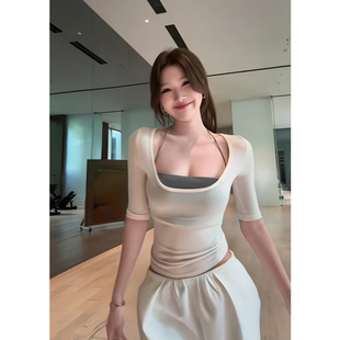 现货！韩系U领假两件短袖T恤女夏薄款设计感内搭上衣韩式辣妹装